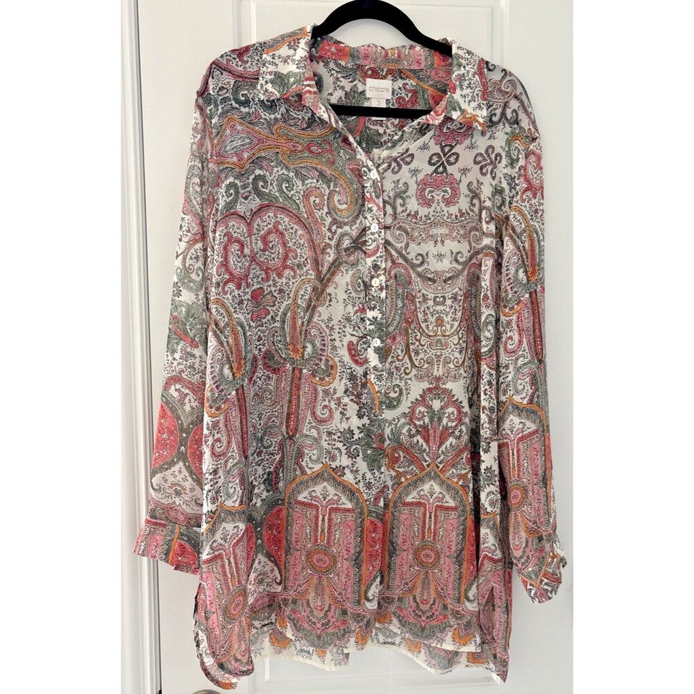 Chico's Paisley Popover Tunic Blouse Long Sleeve Henley Shirt Size 3 =XL 16/18
